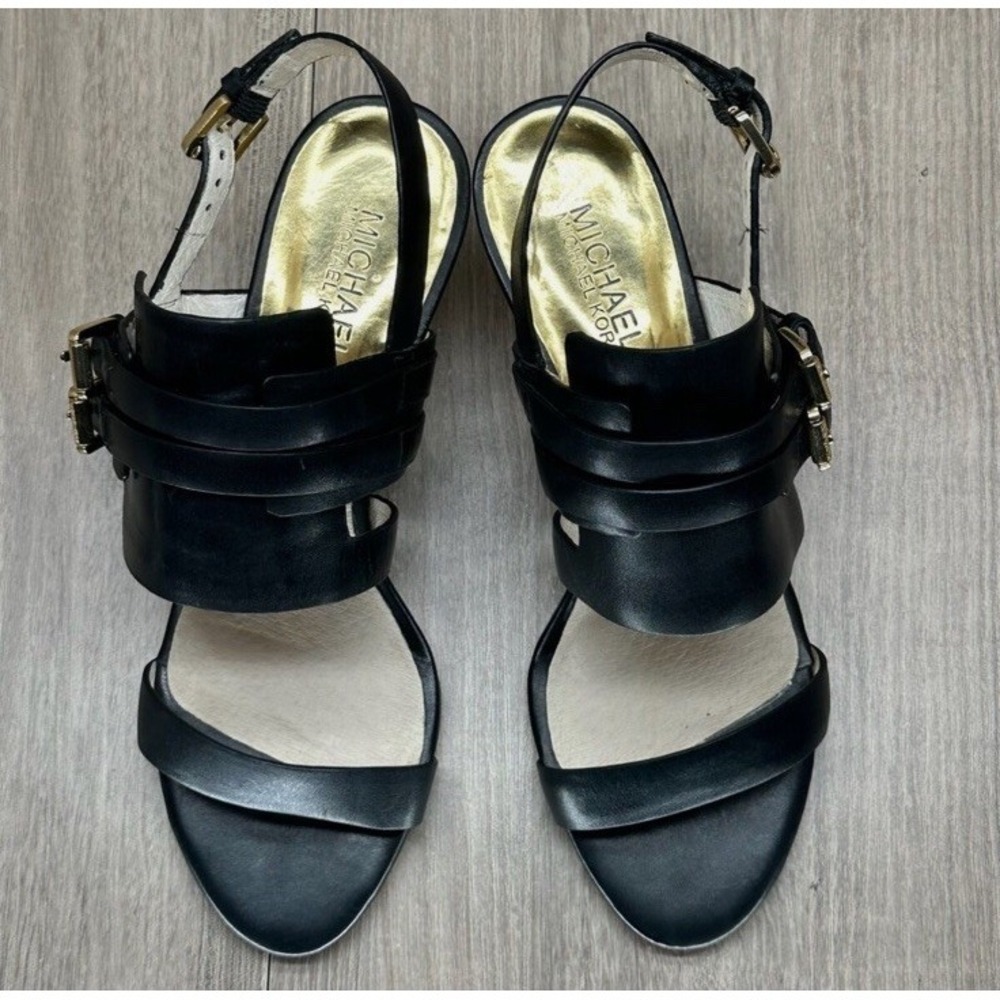 Michael Kors Sandals Sz 11 Melanie Gold Buckle Slingback Stiletto Leather Black - Picture 7 of 16